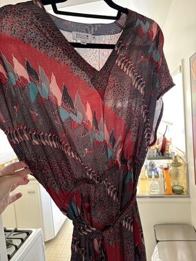 Molly Bracken Red Teal Printed V-Neck Wrap Dress